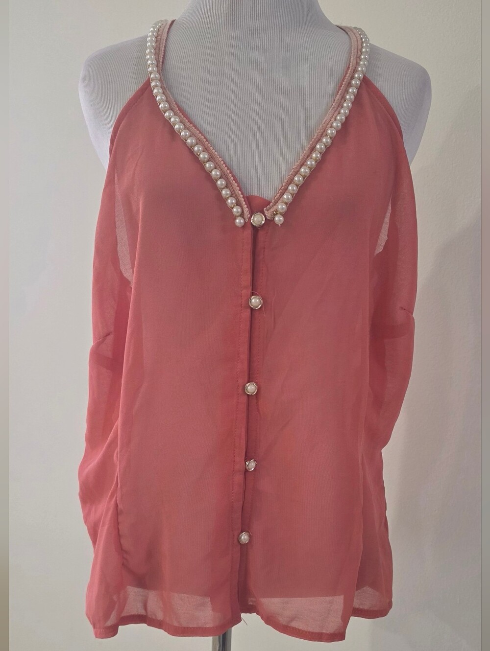 Sheer Pearl-Trim Sleeveless Blouse - Pink - Picture 1 of 3